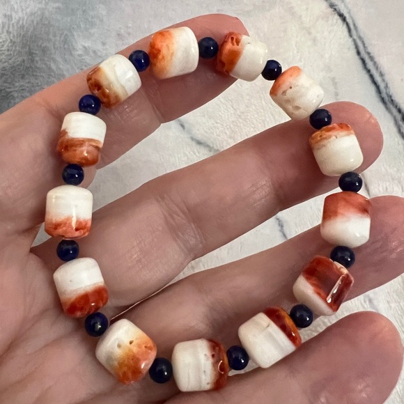 12mm Spiny Oyster & Lapis Lazuli Southwestern Stretchy Bracelet Size 5.75+ - Picture 3 of 11